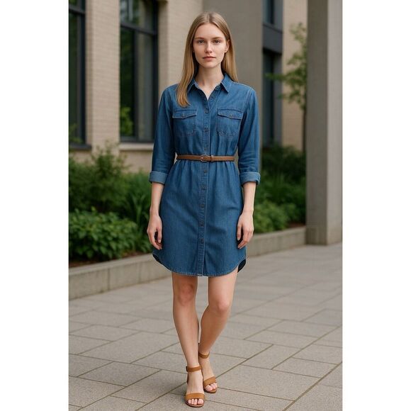 Merona Denim Women’sShirt Dress S/P Button Front Long Sleeve 100% Cotton Pockets - Picture 1 of 8